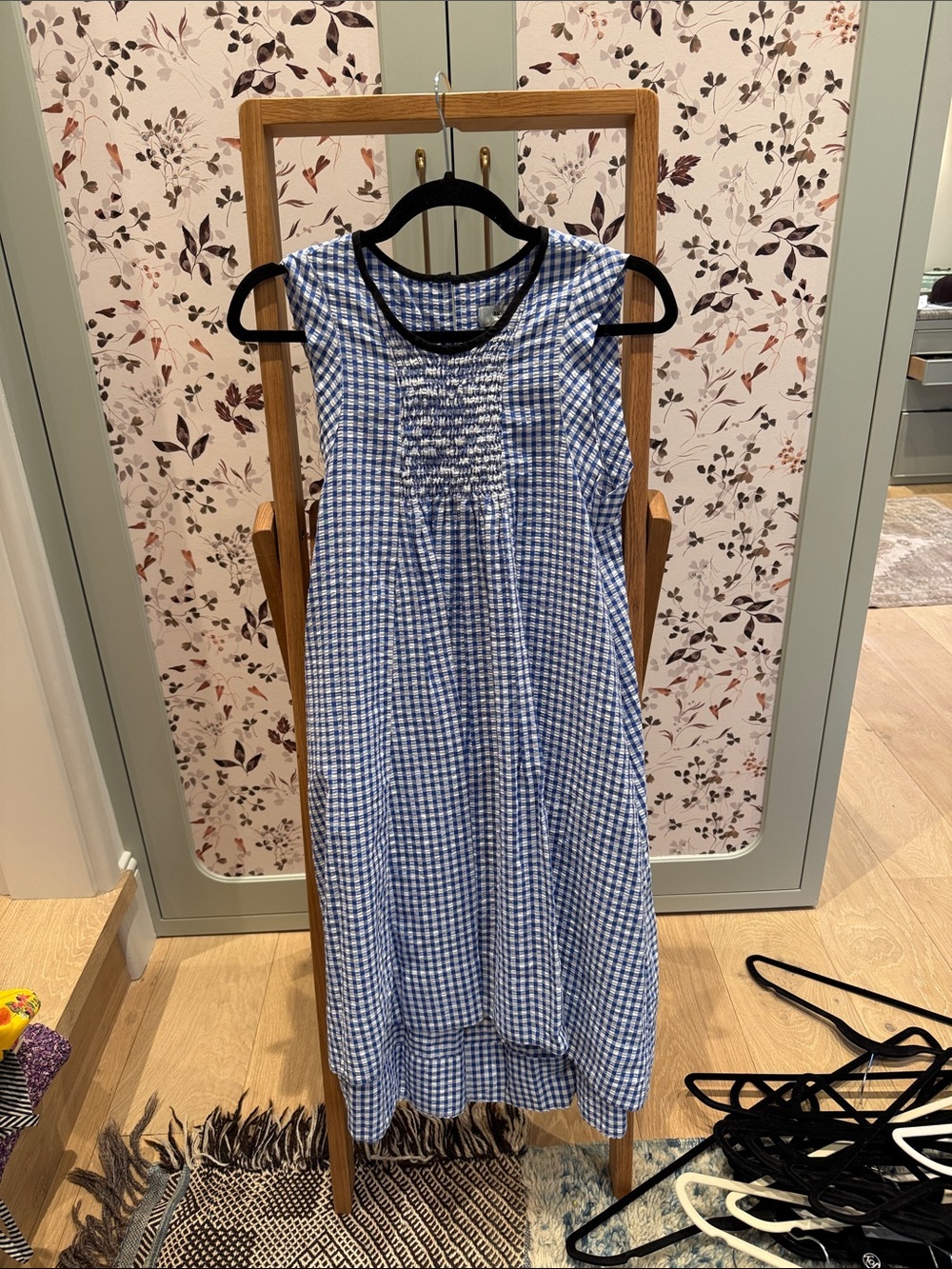 Rachel Comey Blue Gingham Sleeveless Midi Dress with Black Trim
